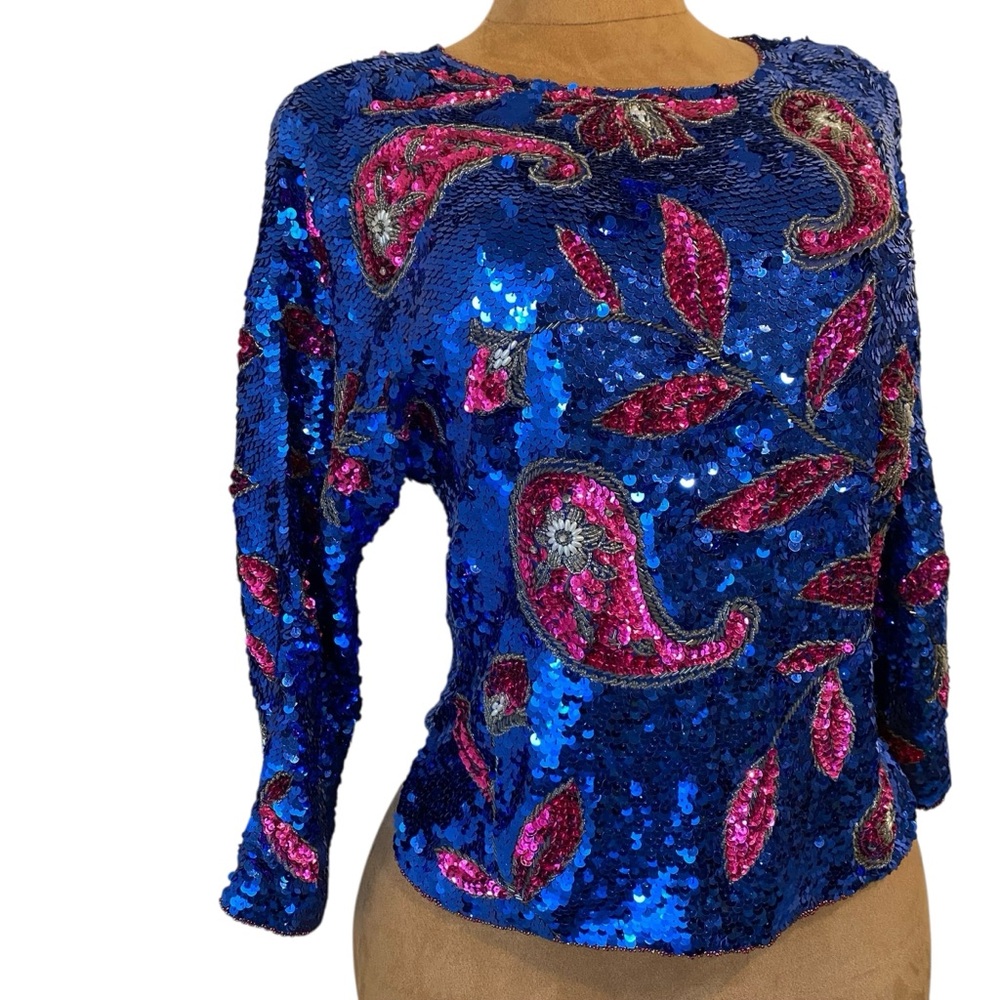 Vtg. Blue and Pink Sequin Blouse - Picture 6 of 12
